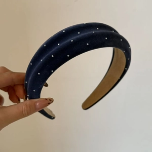 Sparkly navy blue velvet padded headband with silver rhinestones for elegant hair styling