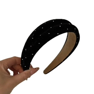 Sparkly black velvet padded headband with silver bead accents for volumizing hair