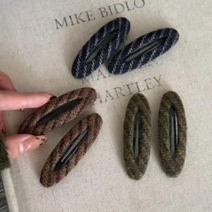 Retro striped knit oval hair clips in dark blue, brown and olive green set for women