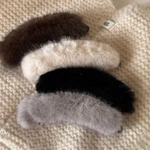 Faux mink fur banana hair clips set in brown, white, black and grey for women