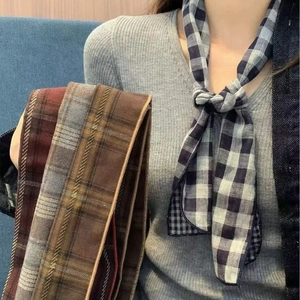 Vintage Plaid Cloth Neck Scarf For Women Retro Long Ribbon Hairband Necklace Scarf High Sense Small Scarf Necktie Accessory