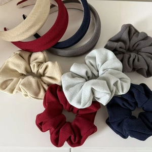 Vintage wool knit headband and scrunchie set with ribbed fabric texture in assorted colors