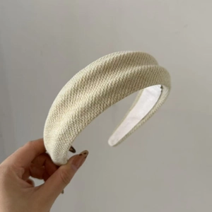 Retro beige wool knit headband with thick wide-brimmed design and anti-slip lining