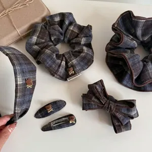 Korean Style Blue Plaid Bear Hair Clip Cloth Bow Headband Elegant Handmade Hairband Fashion Daily Headwear For Women Girls