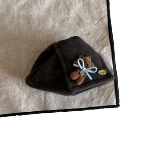 Brown felt bear hair claw clip with blue ribbon and gold tag for thick hair styling
