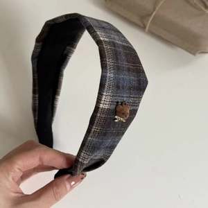 British style checkered headband with cute brown flocked bear and gold bow decoration