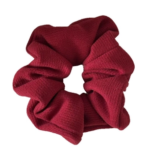 Deep red ribbed knit scrunchie hair tie with vintage minimalist aesthetic for women