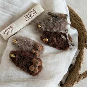 Handmade Vintage Plush Bear Bow Hair Clip For Women Girls Lamb Wool Cute BB Clip Autumn Winter Hair Accessories