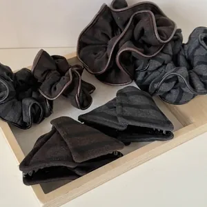 Striped knit hair scrunchies and triangle clips set with premium leather edging detail