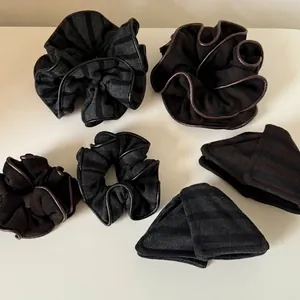 Vintage Striped Knitted Hair Clip Scrunchie Set With Leather Trim Triangle Claw Clip Elastic Hair Ties For Women Hair Accessories