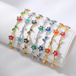 Elegante Pulsera de Vid de Flor de Estrás de Cobre para Mujer Chic Botánica Geométrica Chapada en Oro y Plata Joyería de Mano de Moda