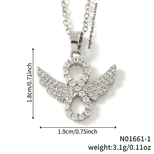 Silver infinity angel wing pendant necklace with zircons and product dimensions