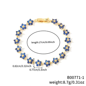 Elegantes Goldkettenarmband mit blauen Zirkonia-Blumen für Damen, 17 cm Länge