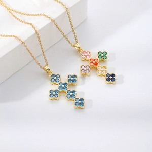 Kleeblatt Blume Kreuz Anhänger Halskette Mit Zirkonia Kupfer Kruzifix Schmuck Trendy Persönlichkeit Geburtstagsgeschenk Damen Accessoire