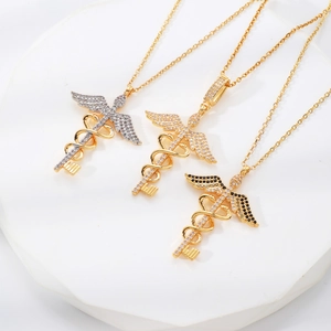 Caduceus Medical Symbol Wing Key Pendant Necklace Copper Inlaid Zirconia Luxury Trendy Personality Unisex Jewelry Gift For Doctor Nurse