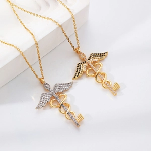 Fashionable Angel Wing Key Pendant Necklace with Zircon Inlay on Golden Cross Chain