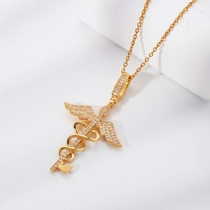 Luxury gold caduceus necklace with sparkling zircon wings and key pendant for doctors