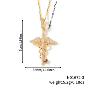 Golden Caduceus medical pendant necklace with white zircons for women and men