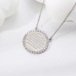 Exquisite silver disc pendant necklace with zircon border and artistic Arabic engravings