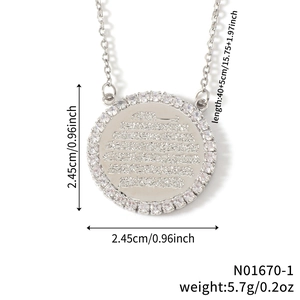 Silver circular pendant necklace with Arabic calligraphy and sparkling zircon halo design