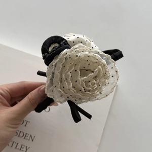 Elegant white polka dot tulle rose hair clip with black ribbon bow and shark claw style