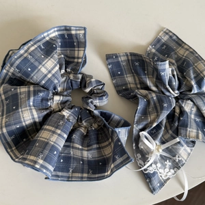 Blue plaid scrunchie set with lace edges and pearl bow detail for women hair styling