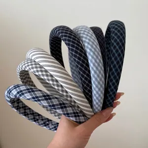 Vintage blue plaid sponge headband with high crown design for women accessory