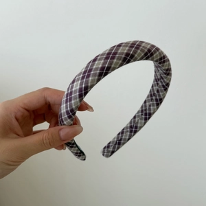 Retro purple and grey plaid sponge headband featuring a high top vintage fabric design