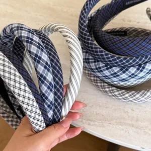 Women Vintage Plaid Striped Padded Headband Fabric Wrapped Sponge Hair Band High Top Fashion Hair Accessories For Daily Dating