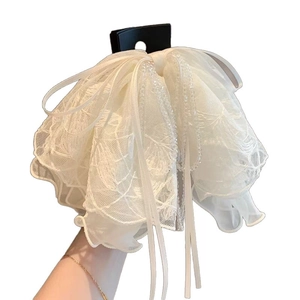 Pince à cheveux noeud en dentelle blanche avec perles de cristal et maille brodée chic