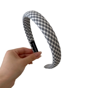 Handmade vintage blue and white checkered sponge headband for high skull top hairstyle