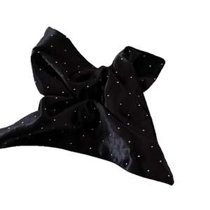 Elegant black satin hair scrunchie with white polka dots and rhinestone accents