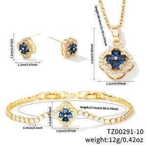 Detailed view of blue clover jewelry set including necklace, bracelet and earrings