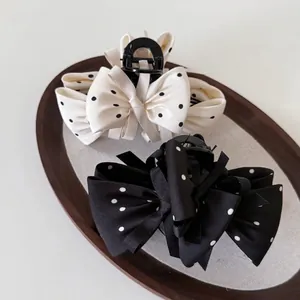 Vintage Polka Dot Bow Hair Claw Clip For Women Large Fabric Accessory Retro Elegant Bowknot Hair Catch Clip Daily Styling