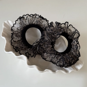 French leopard print mesh hair scrunchie set in a shell ceramic tray for women