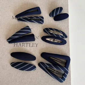 Navy Blue Striped Triangle Oval Fabric Wrapped BB Hair Clips School Style Geometric Hairpins For Women Daily Headwear