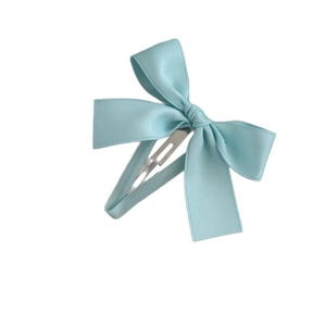 Elegant light blue satin ribbon bow hair clip with silver metal BB pin for women