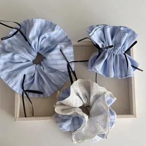 Ballet Style Blue Striped Oversized Scrunchie French Lace Fabric Hair Tie With Bowknot Ruffle Hair Accessories For Women