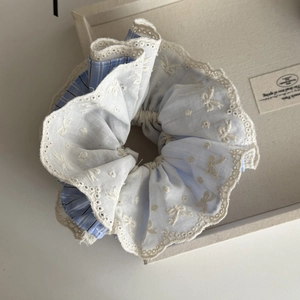 French blue striped scrunchie with white lace embroidery and ribbon bow detailing