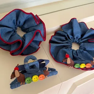 Handmade Denim Dachshund Dog Hair Scrunchie Red Trim Buttons Cute Jeans Fabric Claw Clip Hair Accessories For Women