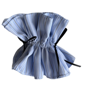 Blue and white striped ruffle faux sleeves with black satin ribbon tie accessory