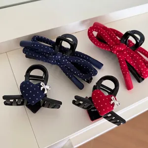 French Style Polka Dot Bowknot Hair Claw Elegant Heart Shape Fabric Shark Clip Navy Blue Red Hairpin For Women Hair Accessories
