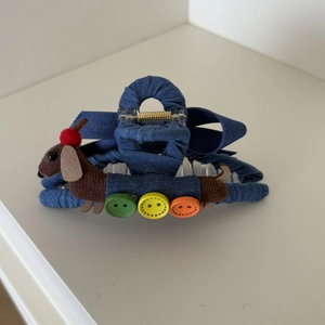 Cute denim dachshund dog hair claw clip with colorful buttons for messy bun hairstyles