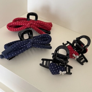 Navy blue and red polka dot heart bow hair claw clips with French shark clip design