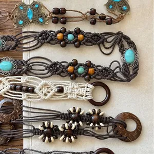 Bohemian Ethnic Handwoven Waist Chain Belt For Women Wood Beads Butterfly Pendant Turquoise Style Decorative Rope Belt