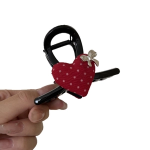 Navy polka dot heart hair claw clip with silver bow for elegant French hairstyles