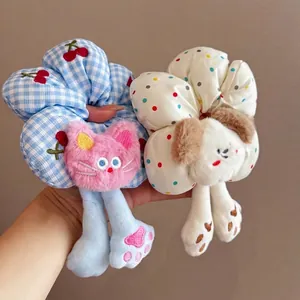 Cute plush cartoon animal scrunchies with long legs in blue plaid and white polka dot fabric