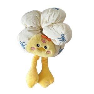 Cute white plush flower hair scrunchie with a cartoon yellow duck and blue bow tie
