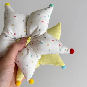Star-shaped cotton baby pacifier toys with colorful polka dots and soft pom pom details
