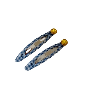 Blue plaid fabric hair clips with yellow crystal embellishments for women